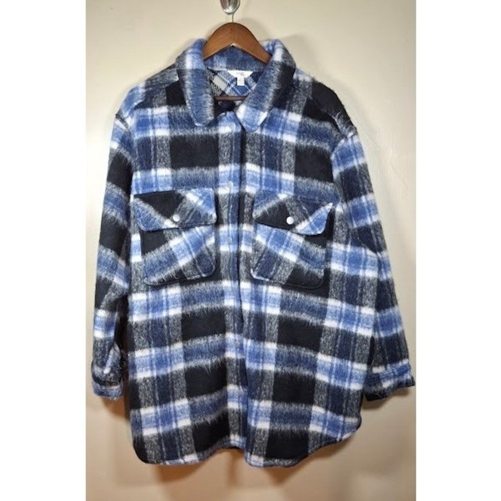 Terra & Sky Blue Plaid Shacket Womens 3X Plus Size Button Up Flannel Jacket